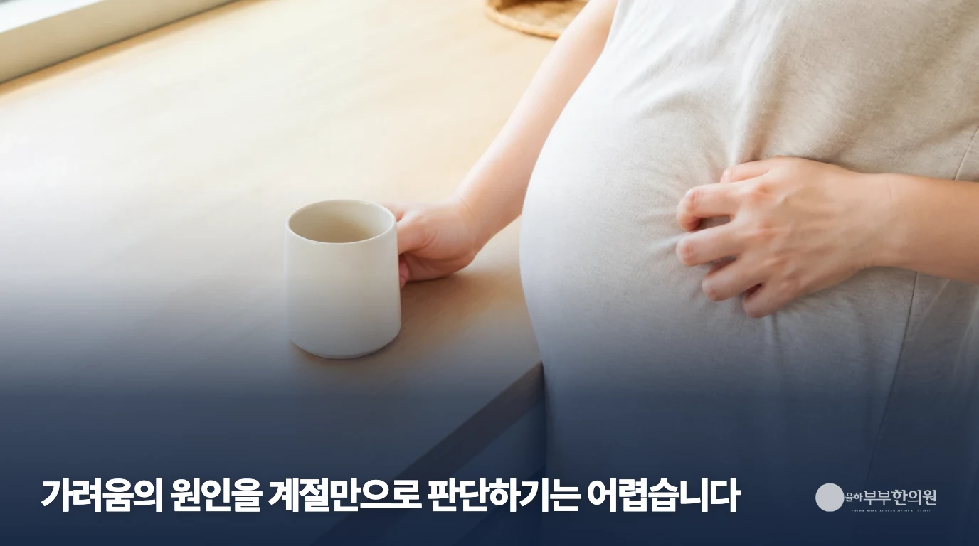 배 위 옷을 손으로 만지며 가려움을 느끼는 임신부의 생활 장면
